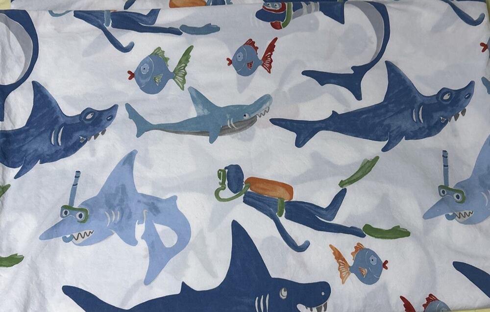 POTTERY BARN KIDS 100% Cotton SHARK Scuba Diver Fish Duvet Cover TWIN